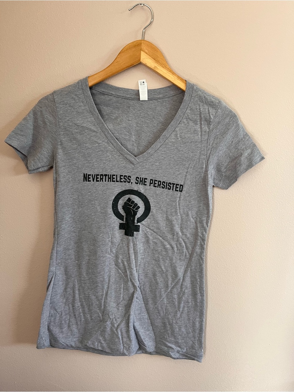 Grey V-Neck Tee with 'Nevertheless, She Persisted' Print